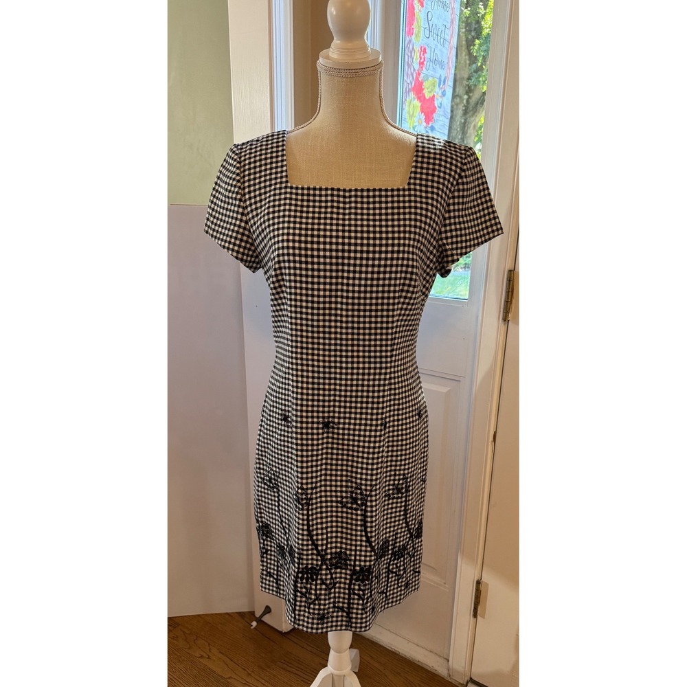 Jessica Howard Gingham Sheath Dress Black White Floral Butterfly Embroidery 8
